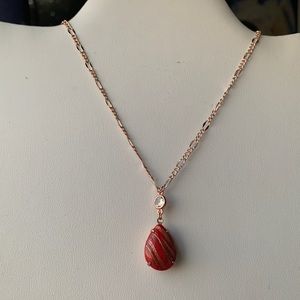 Red & Gold Teardrop Stone With Rhinestone Drop on Gold Figaro Chain